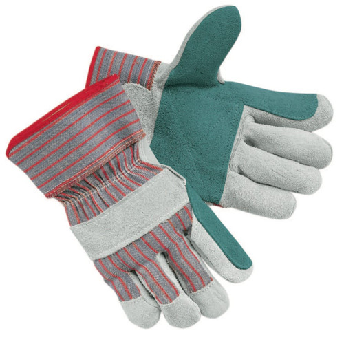 BUY INDUSTRIAL STANDARD SHOULDER SPLIT GLOVES, LARGE, DOUBLE PALM, LEATHER, COTTON, GRAY W/RED STRIPES now and SAVE!