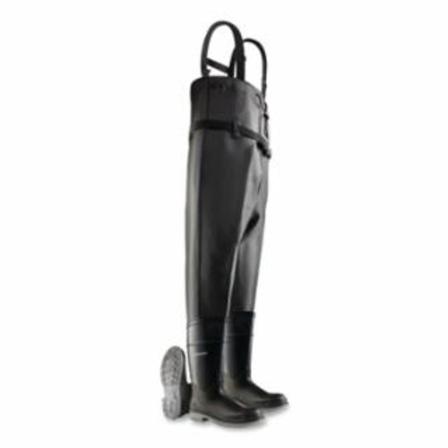 Buy CHEST WADERS, PLAIN TOE, MEN'S 7, 16 IN BOOT, 56-1/2 IN OVERALL L, PVC, NYLON SUSPENDERS, BLACK/GRAY now and SAVE!
