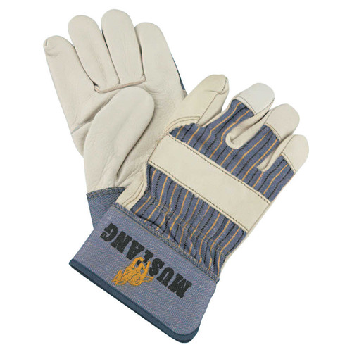 BUY MUSTANG LEATHER PALM GLOVES, FLEECE LINING, GRAIN COWHIDE, MEDIUM, BLUE/CREAM now and SAVE!