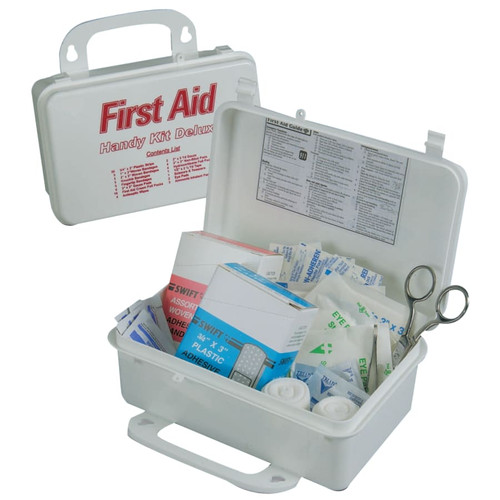 BUY HANDY DELUXE FIRST AID KIT, TREATS CUTS, BRUISES, EYE CARE AND BURNS, PLASTIC CASE now and SAVE!