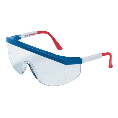 BUY TOMAHAWK PROTECTIVE EYEWEAR, CLEAR LENS, DURAMASS HC, BLUE/RED/WHITE FRAME now and SAVE!