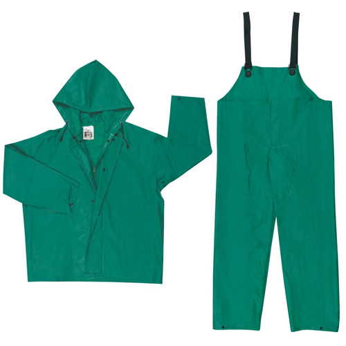 BUY TWO-PIECE RAIN SUIT, JACKET W/HOOD, BIB PANTS, 0.42 MM PVC/POLY, GREEN, X-LARGE now and SAVE!