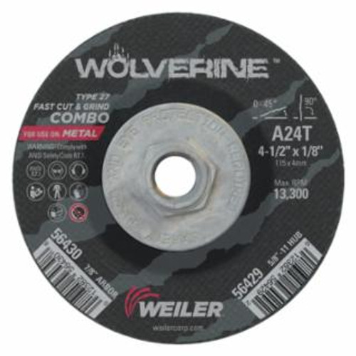 Buy WOLVERINE COMBO WHEEL, 4-1/2 IN DIA, 1/8 THICK, 5/8 IN - 11 UNC ARBOR, 24 GRIT now and SAVE!