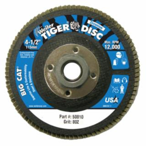 Buy TIGER BIG CAT HIGH DENSITY FLAP DISC, 4-1/2 IN DIA, 80 GRIT, 5/8 IN-11, 12000 RPM, TYPE 27 now and SAVE!