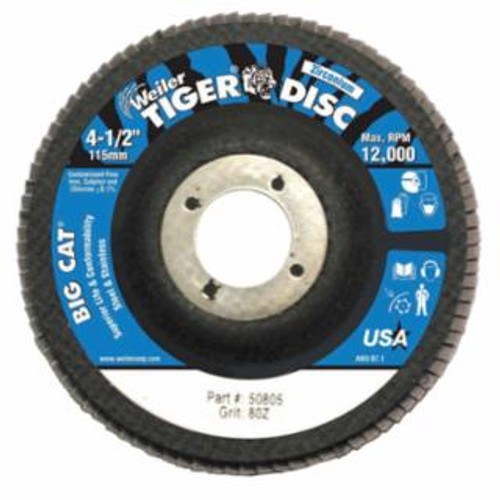 Buy TIGER BIG CAT HIGH DENSITY FLAP DISC, 4-1/2 IN DIA, 80 GRIT, 7/8 IN ARBOR, 12000 RPM, TYPE 27 now and SAVE!