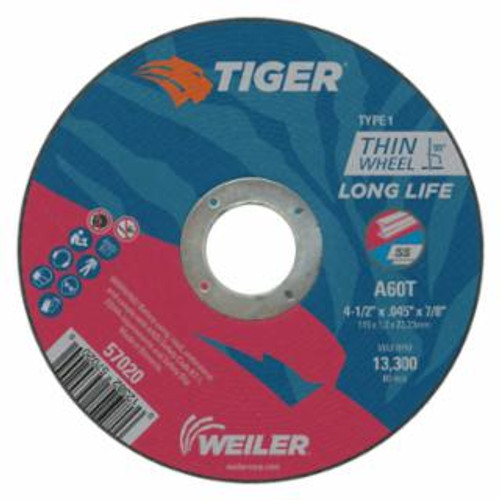 Buy TIGER AO CUTTING WHEEL, 4-1/2 IN DIA X 0.045 IN THICK, 5/8 IN-11 UNC ARBOR, A60T, TYPE 27 now and SAVE!