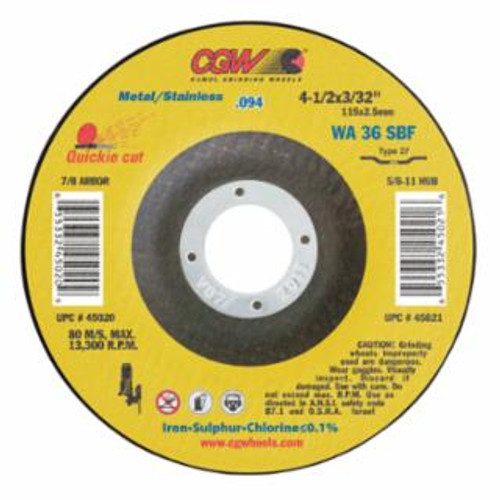 Buy THIN CUT-OFF WHEEL, 4 1/2 IN DIA, 3/32 IN THICK, 7/8 ARBOR, 36 GRIT ALUM. OXIDE now and SAVE!