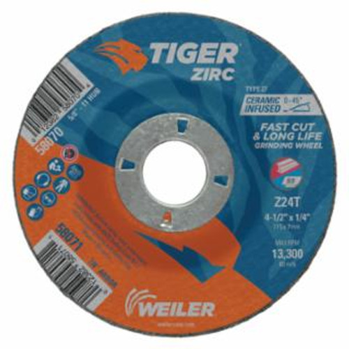 Buy TIGER ZIRC GRINDING WHEEL, 4-1/2 IN DIA X 1/4 IN THICK X 7/8 IN ARBOR, CERAMIC/ZIRCONIA ALUMINA, TYPE 27, Z24T now and SAVE!