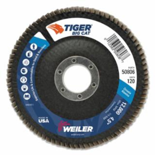 Buy TIGER BIG CAT HIGH DENSITY FLAP DISC, 4-1/2 IN DIA, 120 GRIT, 7/8 IN ARBOR, 12,000 RPM, TYPE 27 now and SAVE!