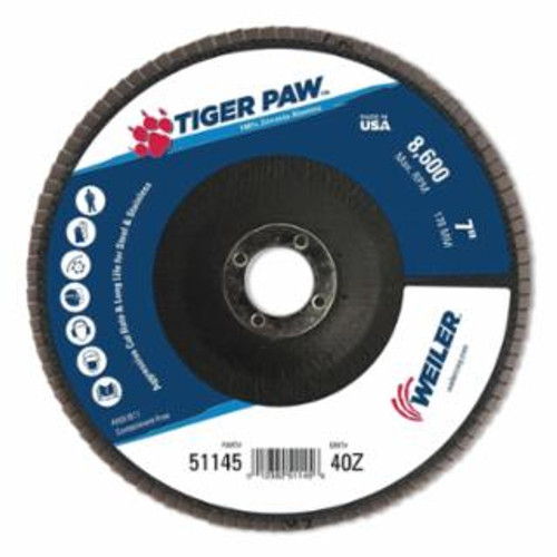 Buy TIGER PAW TY29 COATED ABRASIVE FLAP DISC, 7", 40 GRIT, 7/8 ARBOR, 8,600 RPM now and SAVE!