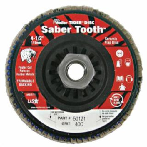 Buy SABER TOOTH TRIMMABLE CERAMIC FLAP DISCS, 4 1/2", 40 GRIT, 5/8 ARBOR, 13,000 RPM now and SAVE!