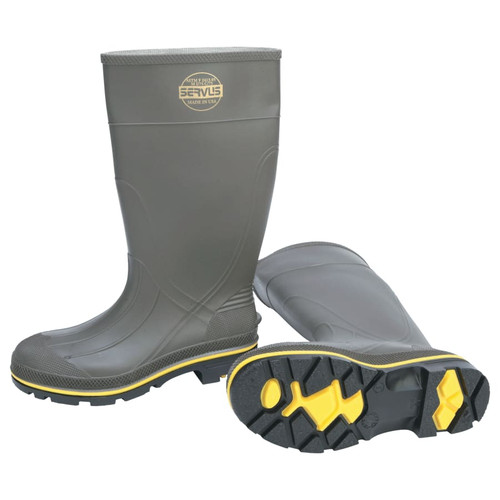 BUY PRO KNEE-LENGTH PVC BOOT WITH STEEL TOE, SIZE 8, 15 IN H, GRAY/YELLOW/BLACK now and SAVE!