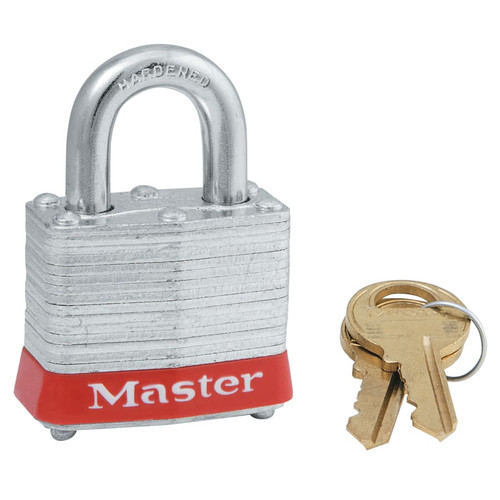 BUY NO. 3 LAMINATED STEEL PADLOCK, 9/32 IN DIA, 5/8 IN W X 3/4 IN H SHACKLE, SILVER/RED, KEYED ALIKE, KEYED 0774, 470-3KARED-0774 - SOLD PER 6 EACH now and SAVE!