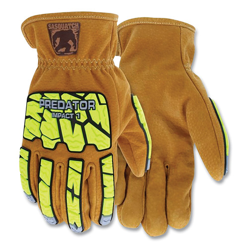 BUY PREDATOR IMPACT SASQUATCH LEATHER DRIVERS GLOVES, MEDIUM, 360 HYPERMAX LINING, BROWN/HI-VIS YELLOW now and SAVE!