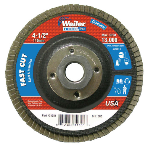 BUY VORTEC PRO ABRASIVE FLAP DISC, 4-1/2 IN DIA, 60 GRIT, 5/8 IN-11, 13000 RPM, TYPE 29 now and SAVE!