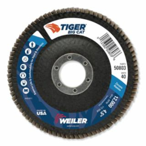 BUY TIGER BIG CAT HIGH DENSITY FLAP DISC, 4-1/2 IN DIA, 40 GRIT, 7/8 IN ARBOR, 12000 RPM, TYPE 27 now and SAVE!