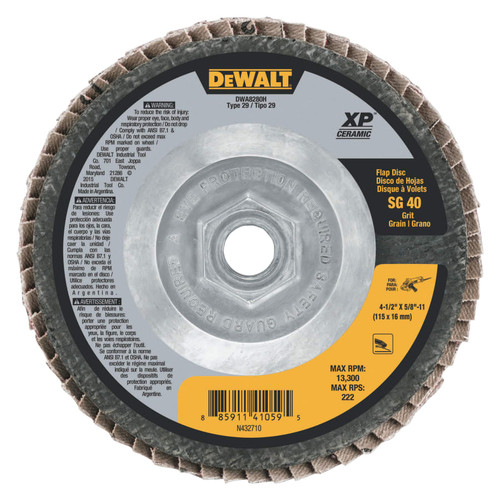 BUY XP CERAMIC FLAP DISC, 4-1/2 IN, 40 GRIT, 5/8 IN - 11 ARBOR, 13300 RPM, TYPE 29 now and SAVE!