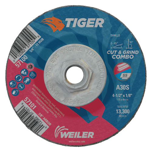 BUY TIGER AO TYPE 27 CUT/GRIND COMBO WHEEL, 4-1/2 IN DIA X 1/8 IN THICK, 5/8 IN-11 DIA ARBOR, A30S now and SAVE!