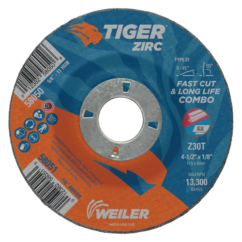 BUY TIGER ZIRC TYPE 27 CUT/GRIND COMBO WHEEL, 4-1/2 IN DIA X 1/8 IN THICK, 7/8 IN DIA ARBOR, Z30T now and SAVE!