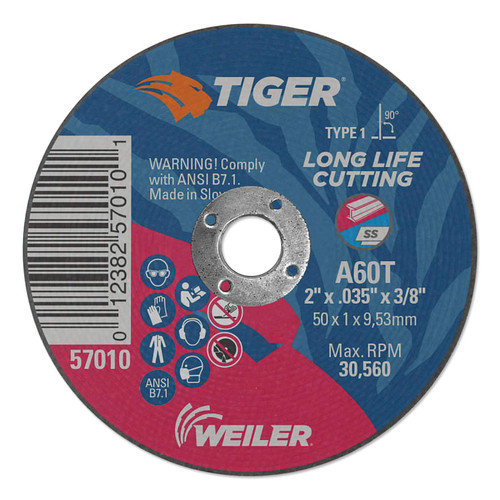 BUY TIGER AO CUTTING WHEEL, 2 IN DIA X 1/16 IN THICK, 3/8 IN ARBOR, A36T, TYPE 1 now and SAVE!