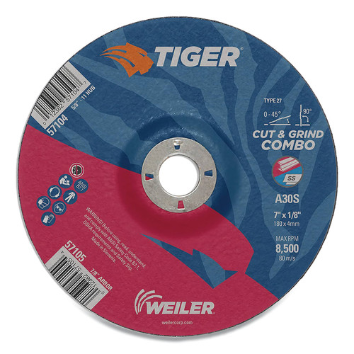 BUY TIGER AO TYPE 27 CUT/GRIND COMBO WHEEL, 5 IN DIA X 1/8 IN THICK, 5/8 IN-11 DIA ARBOR, A30S now and SAVE!