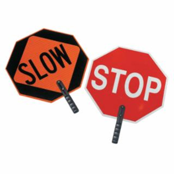 Buy SAFETY PADDLE, STOP/SLOW, WHITE LETTERS ON RED/ BLACK LETTERS ON ORANGE, NONREFLECTIVE PLASTIC, 9 IN POLYGRIP HANDLE now and SAVE!