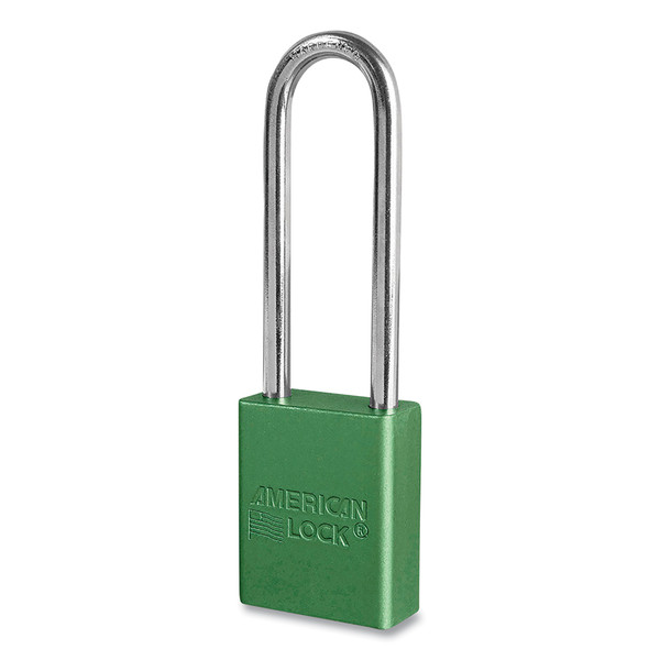 Buy ANODIZED ALUMINUM SAFETY PADLOCK, 1/4 IN DIA, 3 IN L, 25/32 IN W, GREEN, KEYED ALIKE now and SAVE!