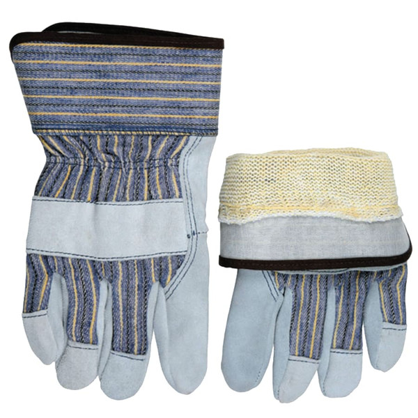 Buy DUPONT KEVLAR LINED GLOVES, LARGE, BLUE/YELLOW/BLACK STRIPED FABRIC/GRAY LEATHER now and SAVE!