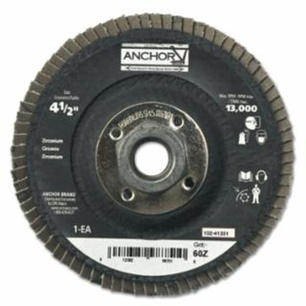 Buy ABRASIVE FLAP DISC, 4-1/2 IN, 40 GRIT, 5/8 IN - 11 ARBOR, 13,000 RPM, ANGLED now and SAVE!