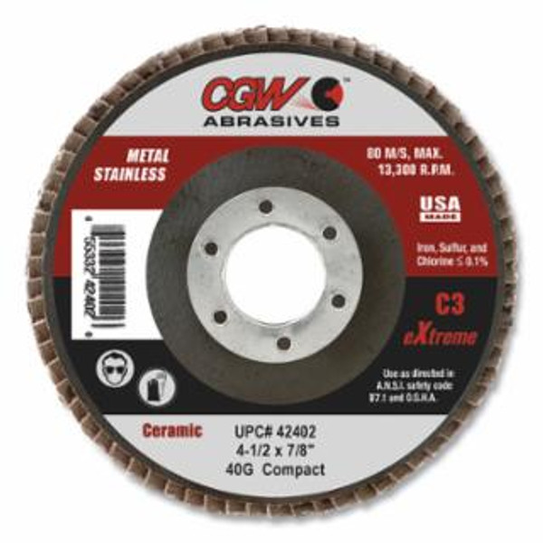 Buy C3 COMPACT CERAMIC FLAP DISC, 4-1/2 IN DIA, 40 GRIT, 5/8 IN-11, 13300 RPM now and SAVE!