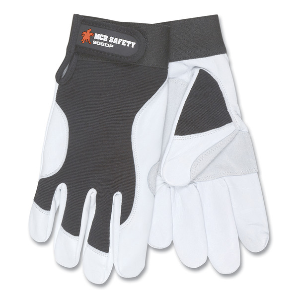 BUY 906DP LEATHER PALM MECHANICS GLOVES, GOATSKIN, COWHIDE PALM, MEDIUM, WHITE/BLACK/GRAY now and SAVE!