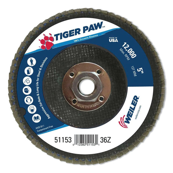 BUY TIGER PAW TY29 COATED ABRASIVE FLAP DISC, 5", 36 GRIT, 5/8 ARBOR, 12,000 RPM now and SAVE!