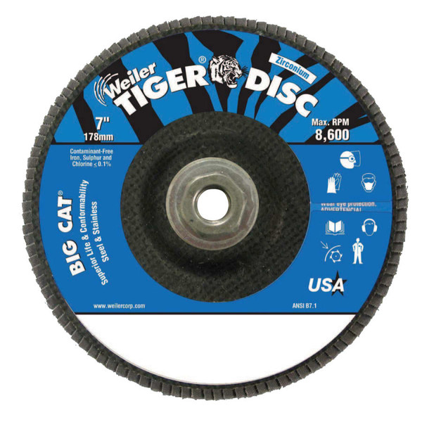 BUY TIGER BIG CAT HIGH DENSITY FLAP DISC, 7 IN DIA, 80 GRIT, 5/8 IN-11 ARBOR, 8600 RPM, TYPE 27 now and SAVE!