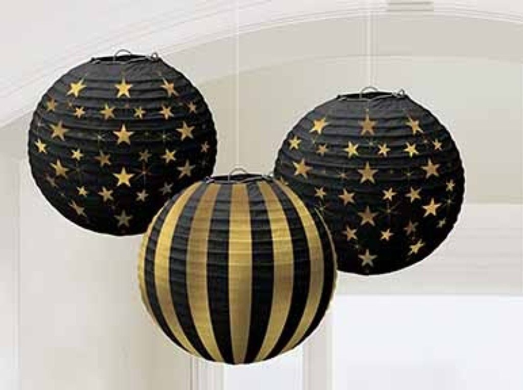 Glitz and Glam Black and Gold Paper Lanterns - 3 Pack