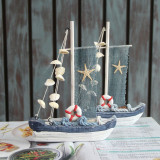 Blue and White Wooden Sail Boat with Shells - 18 x 21cm