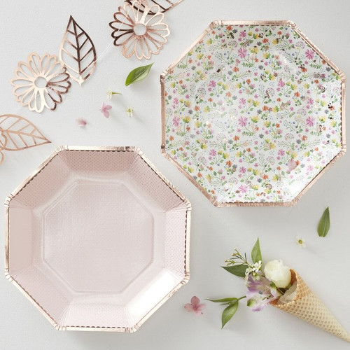 Rose Gold Paper Plates in Blush Pink and Floral Designs - 8 Pack