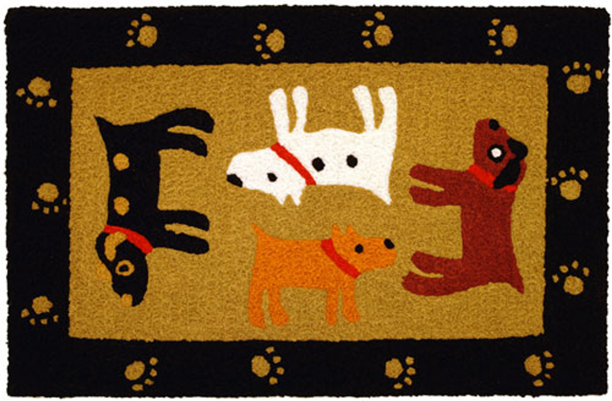 A colorful, machine washable Jellybean® rug featuring 4 very happy dogs in a cute black frame!