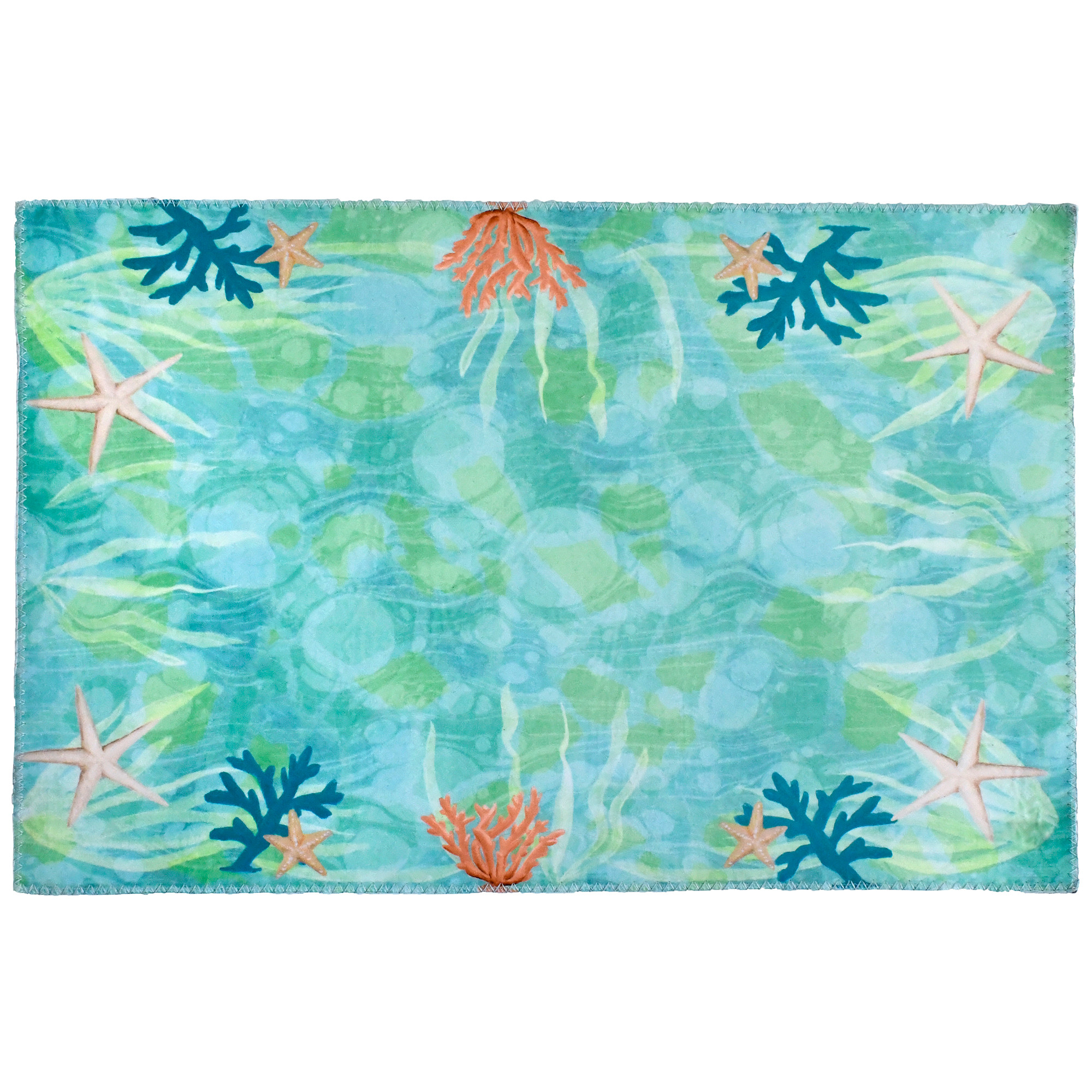 Designer Hugo Edwins has delivered an underwater seascape with this Homefires by Jellybean® poly-sued floor cloth. Muted oceanic hues printed on polyester provide a machine washable floor cloth, thin enough to rest under furniture and provide added mobility for tables and chairs. This suede feel floor cloth is available in four sizes.