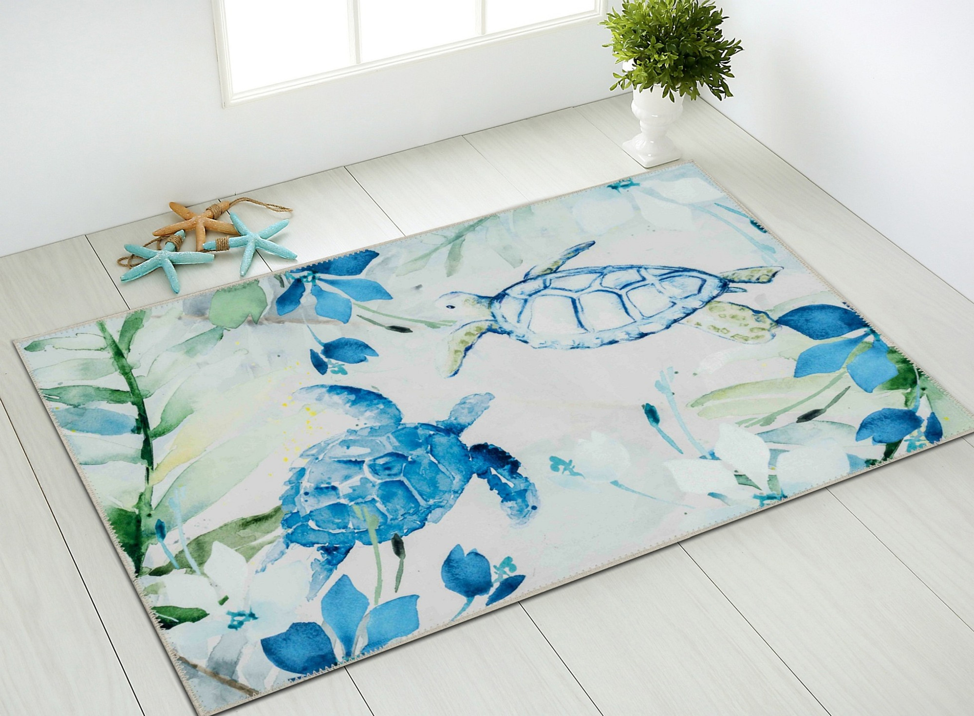 Sea The Beauty Olivia's Home Accent Rug with Turtles Coastal Washable Rug 22" x 32"