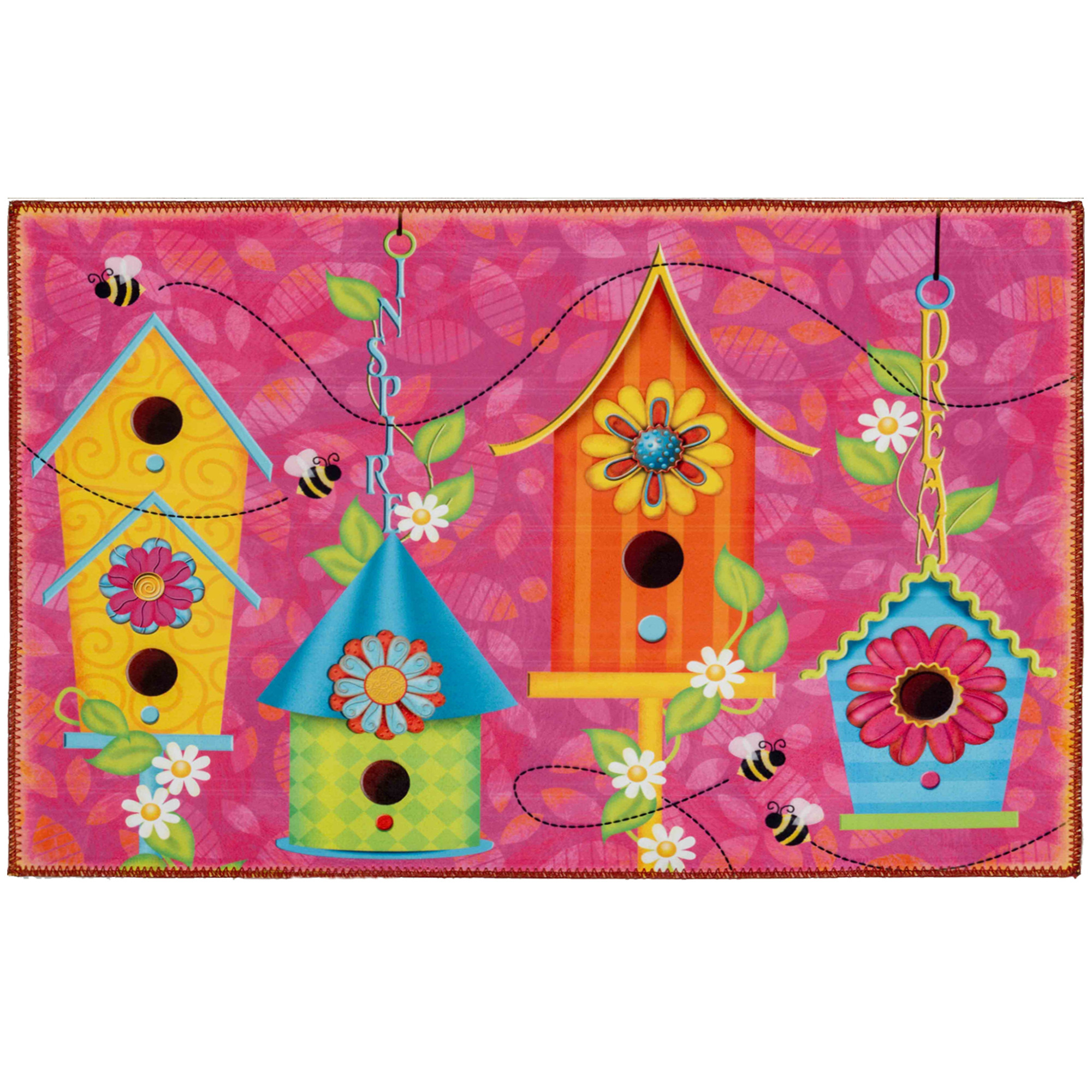 Birdhouse Village Olivia's Home Accent Rug with Bees Floral Washable Rug 22" x 32"