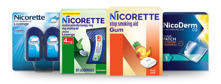 Nicorette and NicoDerm CQ gum, lozenges and patches