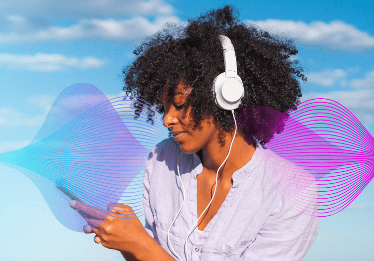 Woman looking at smartphone and listening to music with animated soundwaves in background