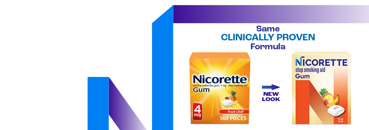 two packs of Nicorette fruit chill gum one with old packaging and one with update packaging and text that says "same clincally proven formula" and arrow and text sayign "new look coming soon" 