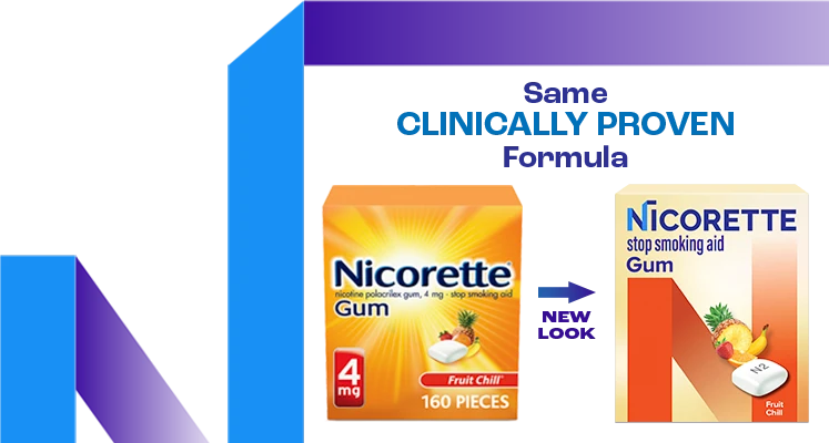 two packs of Nicorette fruit chill gum one with old packaging and one with update packaging and text that says "same clincally proven formula" and arrow and text sayign "new look coming soon" 