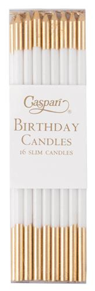 Slim Birthday Candles 15cm-  Pkt16 White&Gold