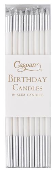 Slim Birthday Candles 15cm-  Pkt16 White&Silver