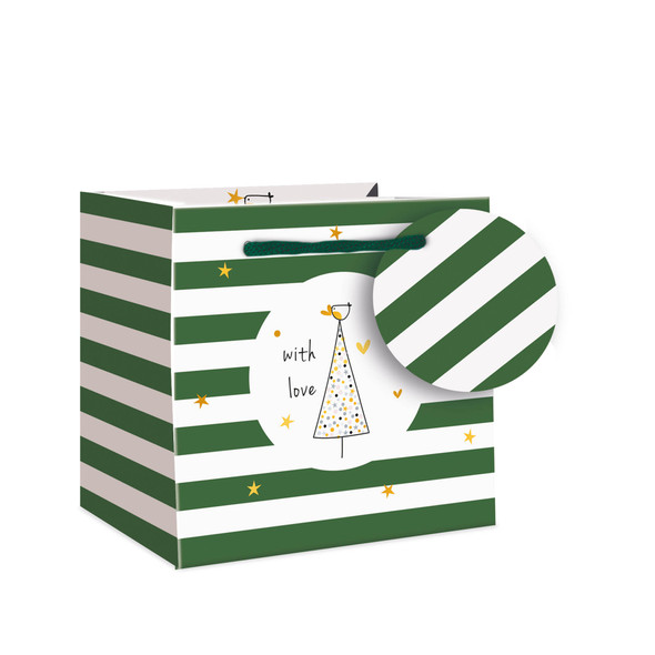 Gift Bag w Tag Mug- Green Stripe (110x135x130mm)