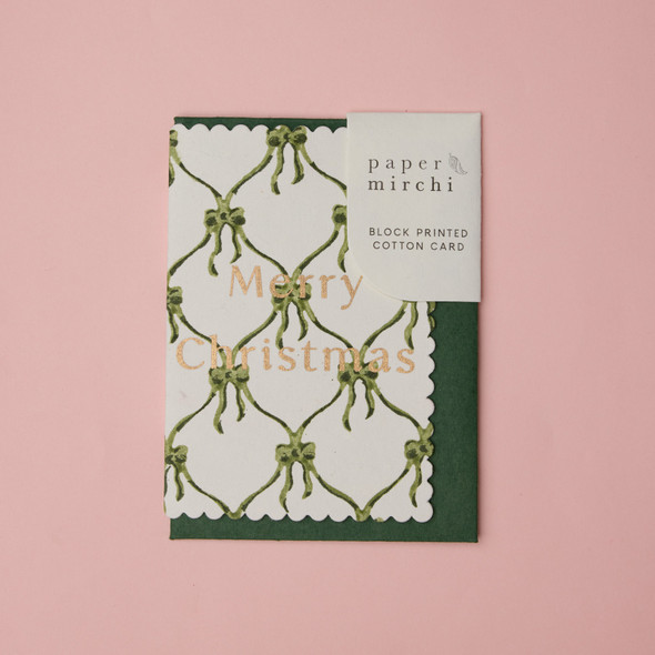 Handprinted Cotton A6- Bows Holly Green (unbagged)