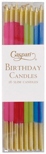 Slim Birthday Candles 15cm-  Pkt16 Mixed Brights