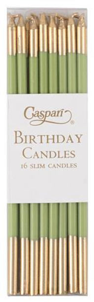 Slim Birthday Candles 15cm-  Pkt16 Moss Green&Gold